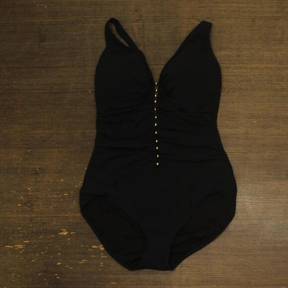 Profile By Gottex Tutti Frutti D Cup V-Neck One Piece Swimsuit Black 14D - Picture 1 of 7